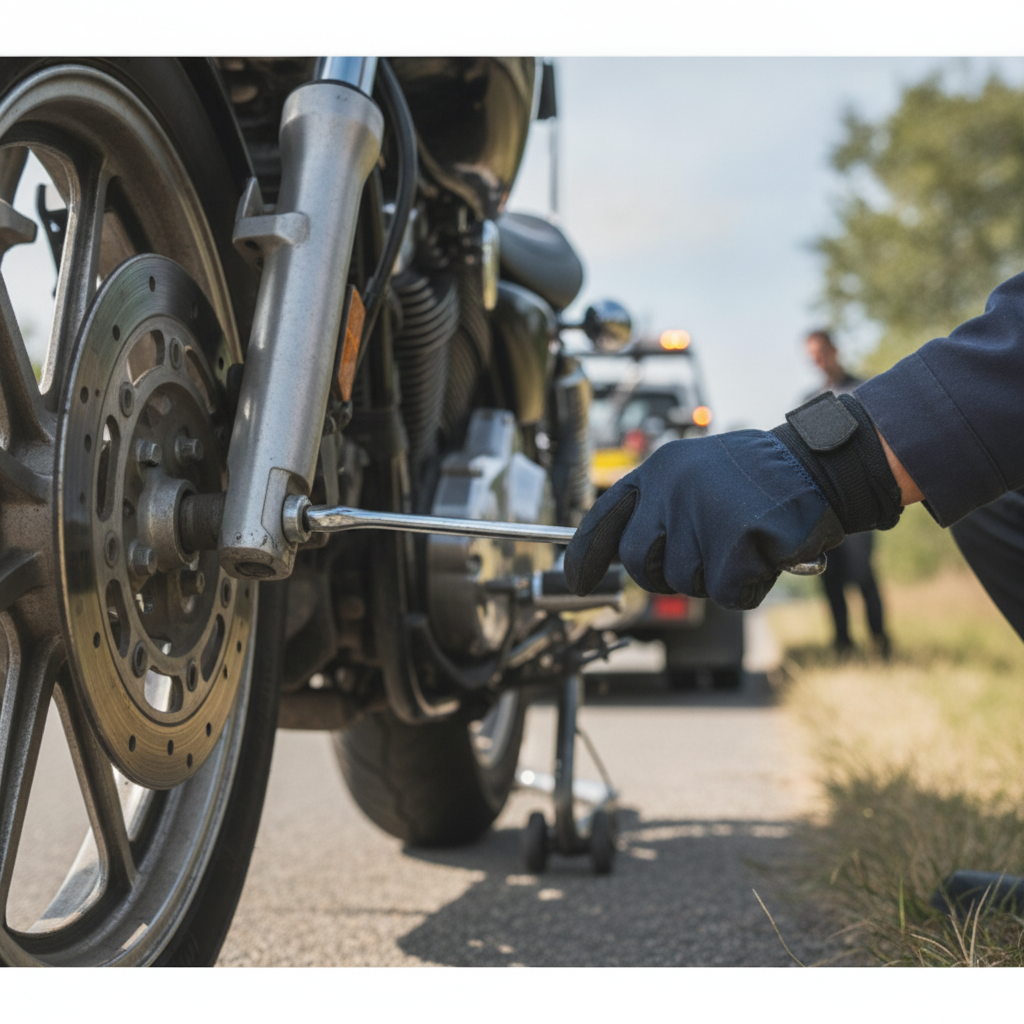 a technician doing Motorcycle Roadside Assistance, focus on the hand doing Motorcycle Roadside Assistance