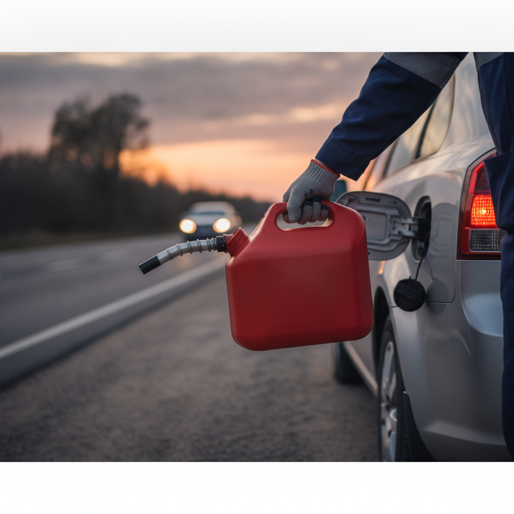 a technician doing Emergency Fuel Delivery, focus on the hand doing Emergency Fuel Delivery